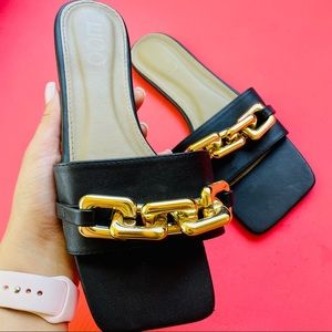 Ego Official Square Toe Black Slide Sandal- Gold chain